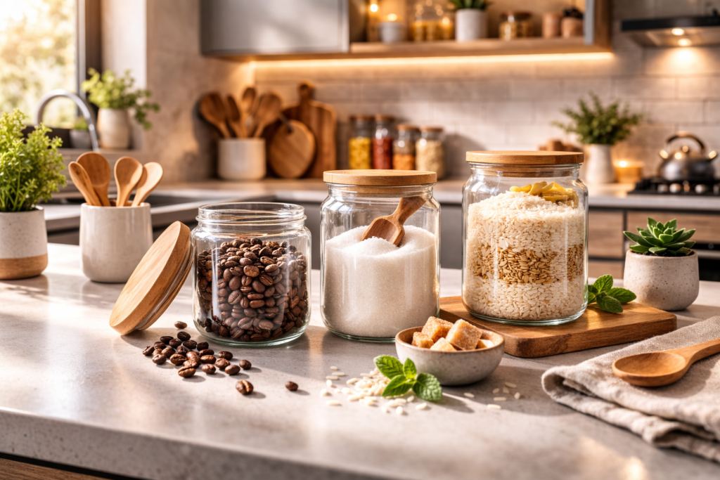 Potes decorativos na cozinha com café, açúcar e arroz organizados em bancada moderna