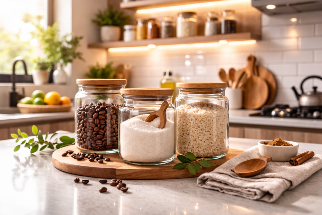 Potes decorativos na cozinha armazenando café, açúcar e arroz sobre bancada moderna