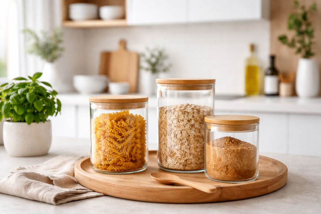Potes decorativos na cozinha planejada em vidro com tampa de bambu organizados sobre bancada clara em ambiente moderno
