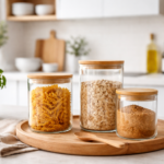 Potes decorativos na cozinha planejada em vidro com tampa de bambu organizados sobre bancada clara em ambiente moderno