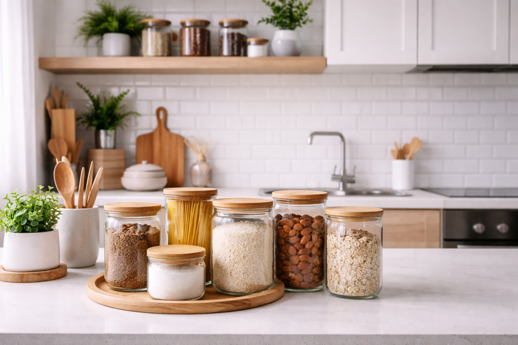 Potes decorativos na cozinha organizando mantimentos em bancada moderna com visual limpo