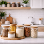 Potes decorativos na cozinha organizando mantimentos em bancada moderna com visual limpo