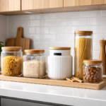 Potes decorativos para cozinha moderna organizados sobre bancada com tampa de bambu e vidro transparente.