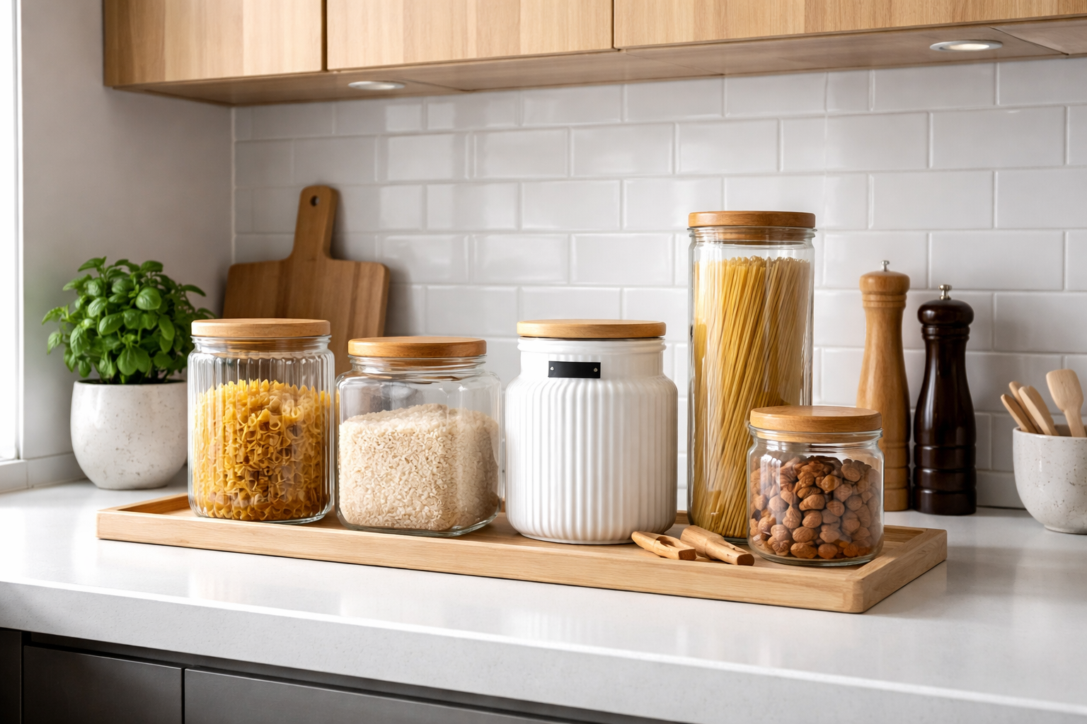 Potes decorativos para cozinha moderna organizados sobre bancada com tampa de bambu e vidro transparente.