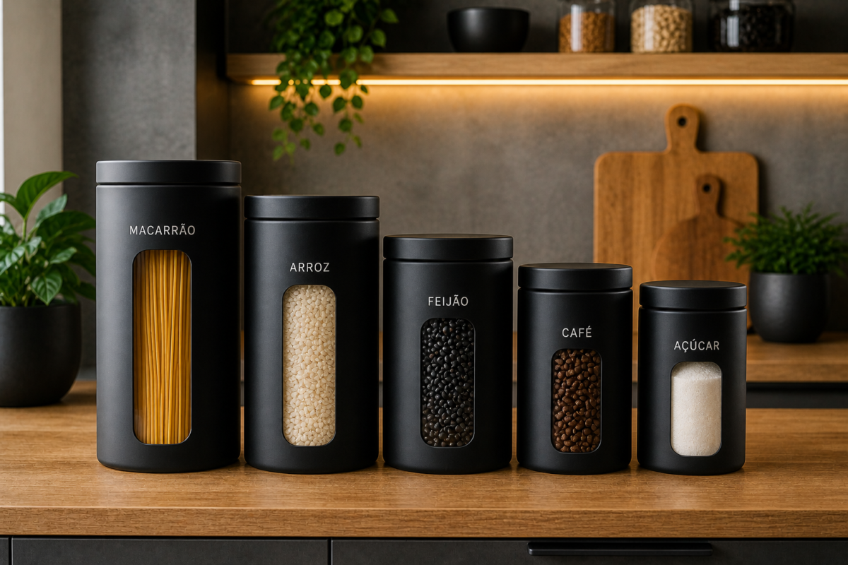 Potes pretos foscos organizando mantimentos em cozinha moderna com estilo industrial