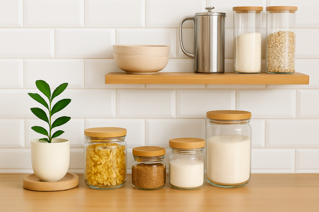 Prateleiras flutuantes em cozinha pequena com potes de vidro transparentes e tampas de madeira organizados em fileiras.
