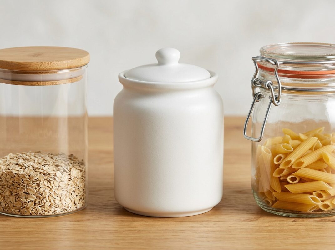 Comparação lado a lado de três materiais de potes para cozinha: vidro com bambu, cerâmica fosca branca e pote hermético com fecho de metal. como escolher potes decorativos para cozinha