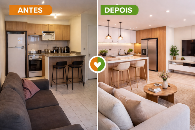 antes e depois de cozinha pequena integrada com sala mostrando transformação moderna e otimização de espaço