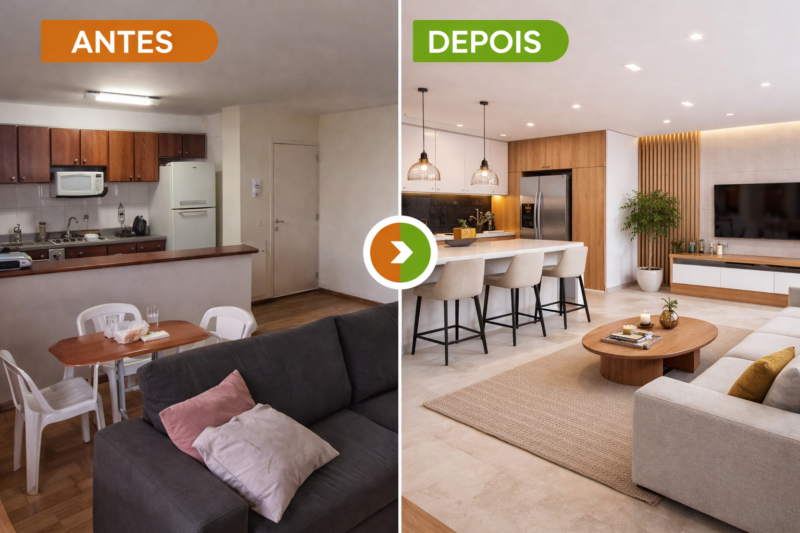 antes e depois de cozinha e sala integradas mostrando transformação moderna com ilha e decoração sofisticada