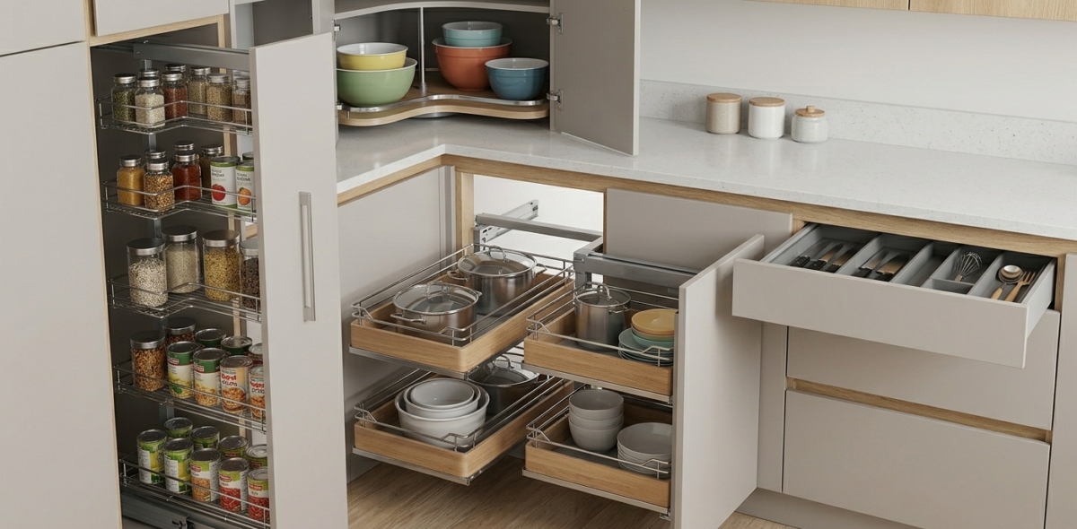 Close-up do interior de armários inferiores de cozinha modernos, mostrando um sistema de extração de canto e uma despensa extraível estreita totalmente organizados e sem texto.