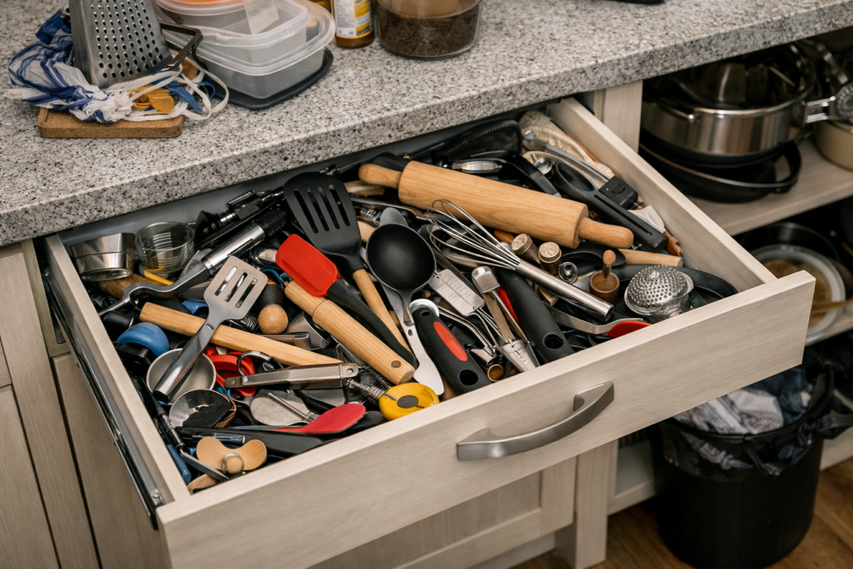 Gaveta de cozinha cheia de utensílios desorganizados e bancada com potes e itens espalhados