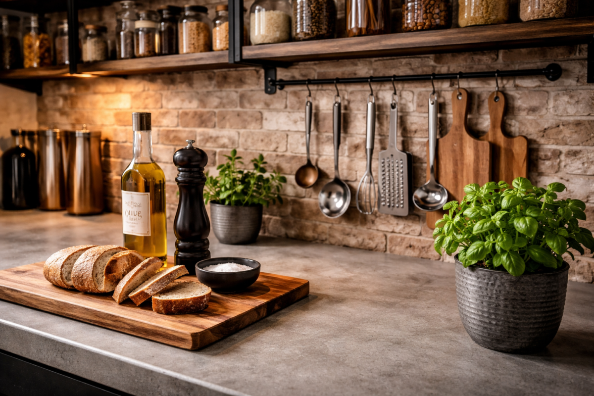 Bancada de cozinha industrial em concreto com utensílios de metal, prateleiras abertas e parede de tijolos aparentes