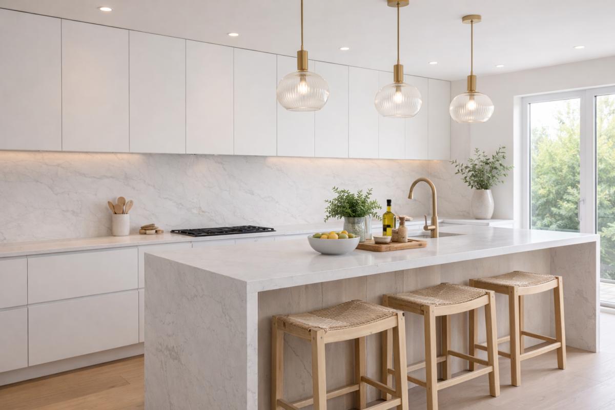 Cozinha moderna com bancada fina e continuidade do material na parede, criando efeito visual limpo e sofisticado