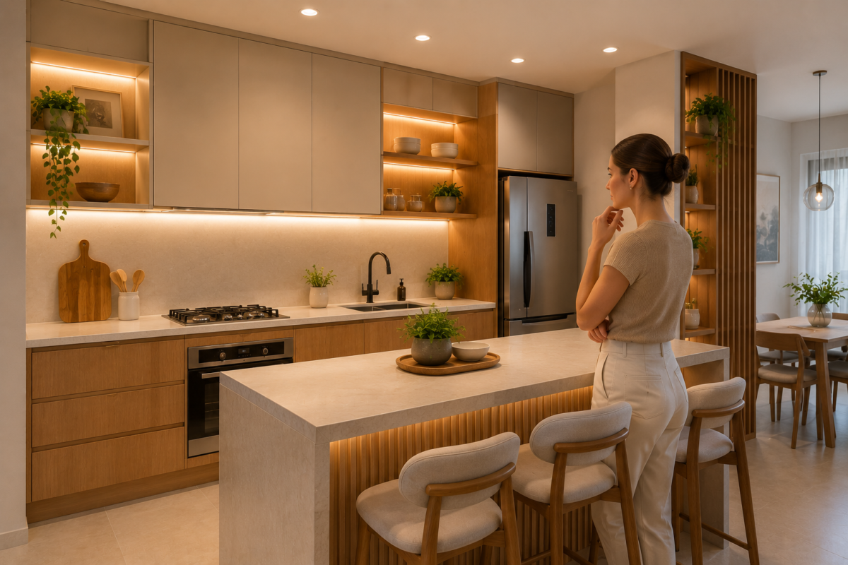 Pessoa analisando cozinha moderna planejada com iluminação aconchegante e design funcional