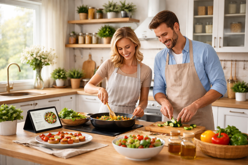 casal cozinhando em cozinha moderna organizada melhorando a experiência de cozinhar