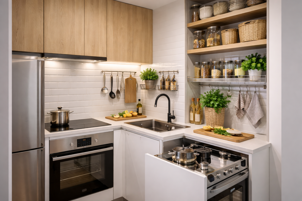 Como organizar cozinha pequena funcional com prateleiras abertas e iluminação LED