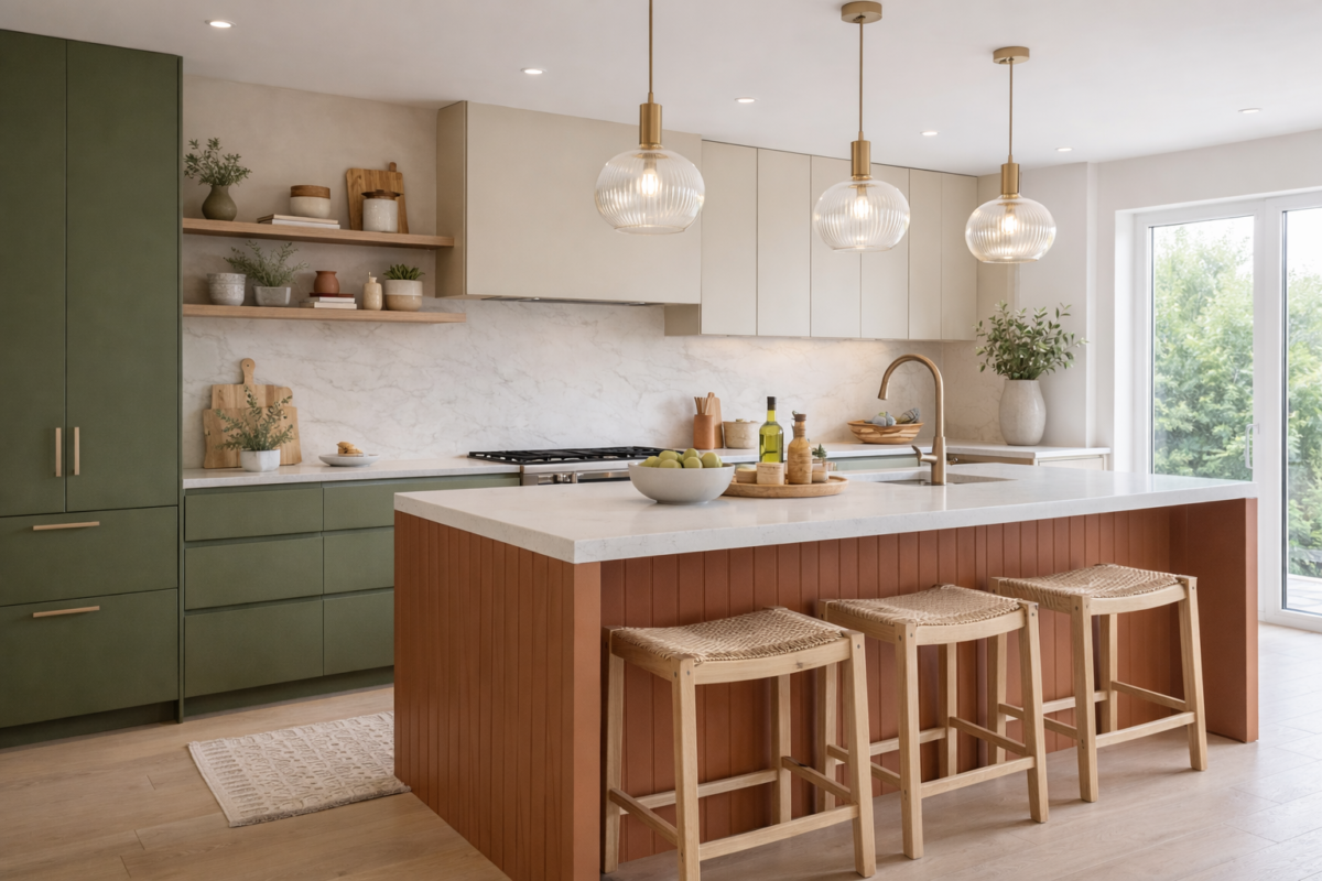 Cozinha moderna com cores tendência como verde oliva, terracota e bege, criando ambiente aconchegante e sofisticado