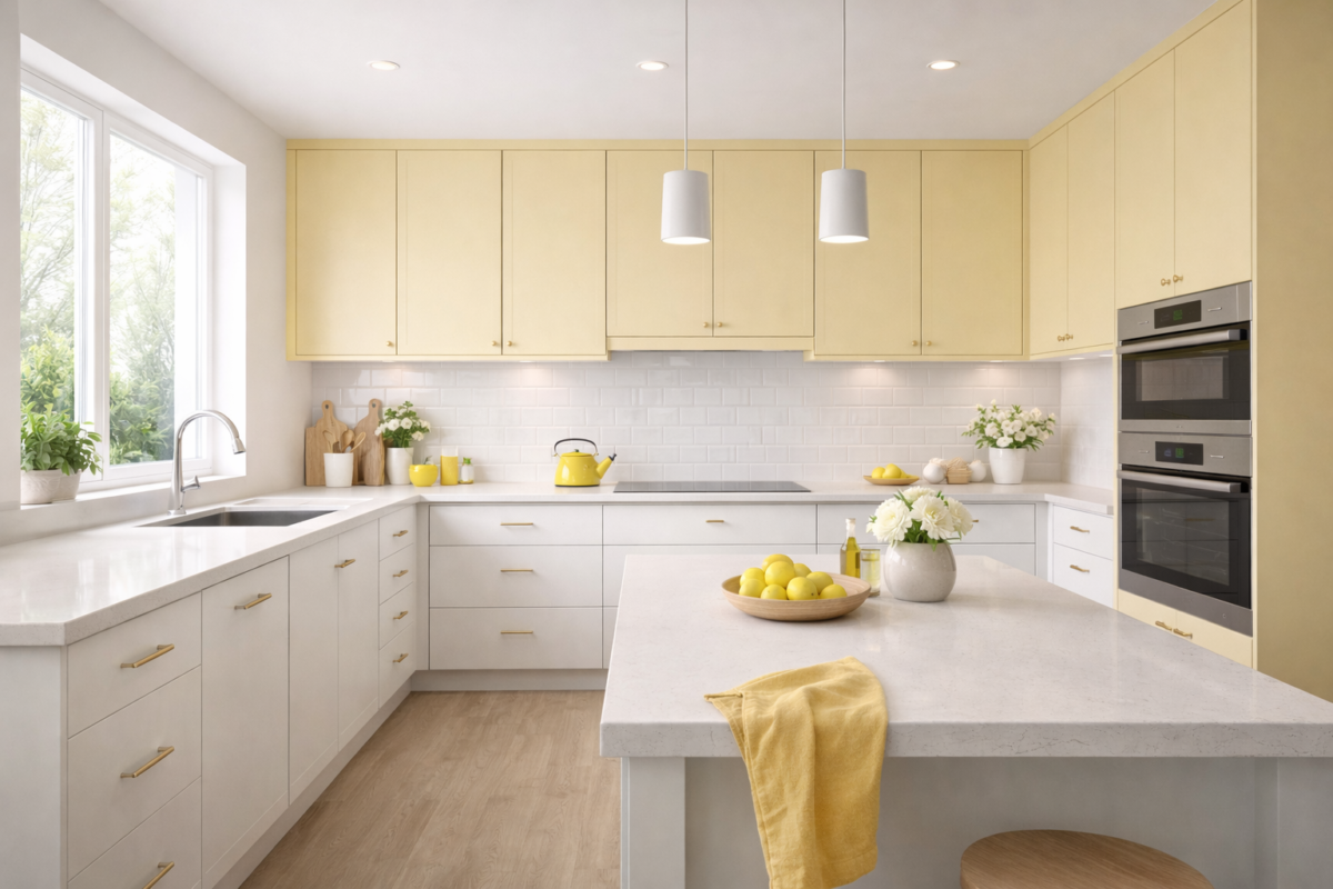 Cozinha clara com amarelo suave trazendo mais luz e energia ao espaço