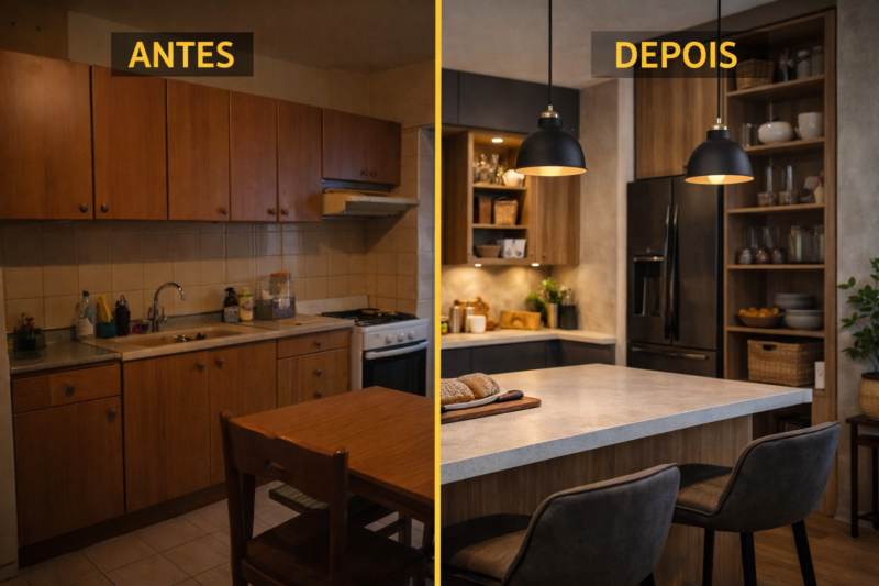 Imagem de cozinha antes e depois de uma reforma em 2026, mostrando à esquerda uma cozinha antiga e desorganizada e à direita uma cozinha moderna com bancada elegante, armários claros, iluminação aconchegante e decoração minimalista.