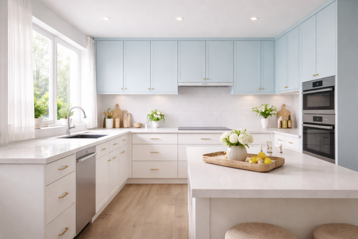 Cozinha moderna azul claro com sensação de espaço aberto e iluminação natural
