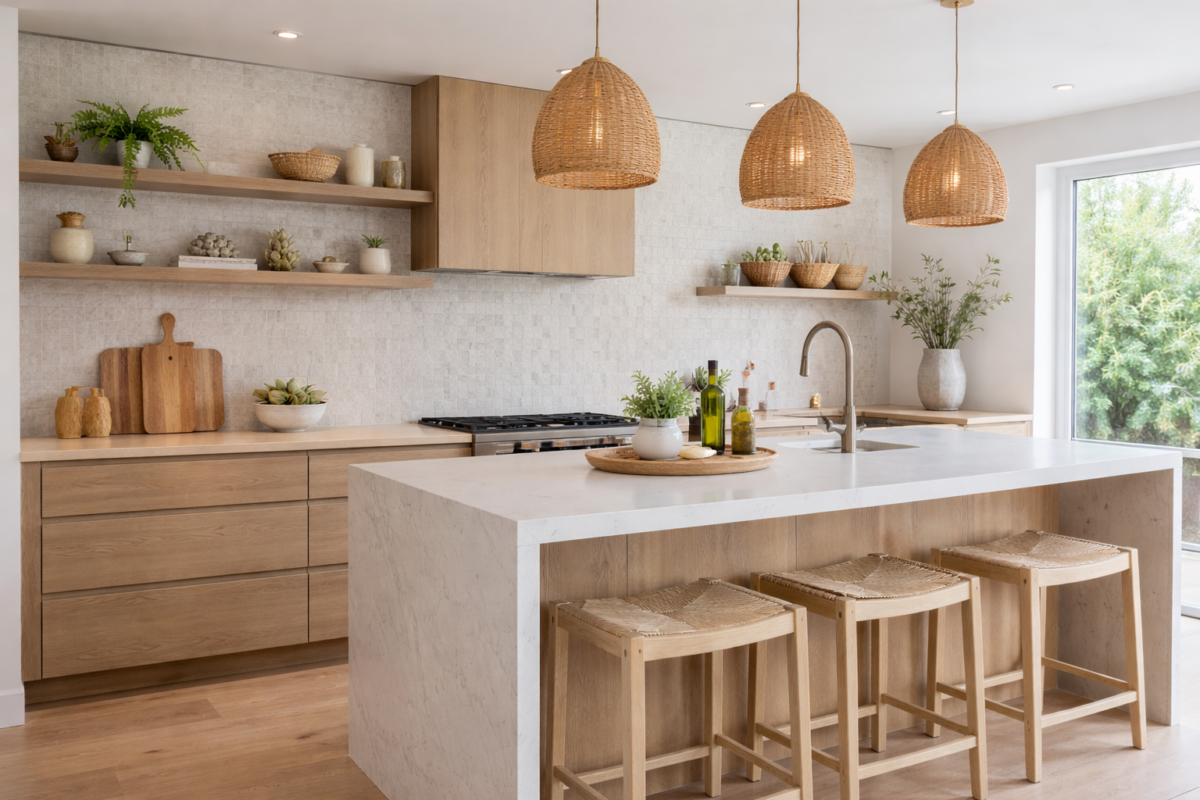 Cozinha moderna com materiais naturais como madeira, pedra e cerâmica, com design sustentável e iluminação aconchegante