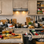 Cozinha desorganizada com utensílios fora do lugar e despensa bagunçada