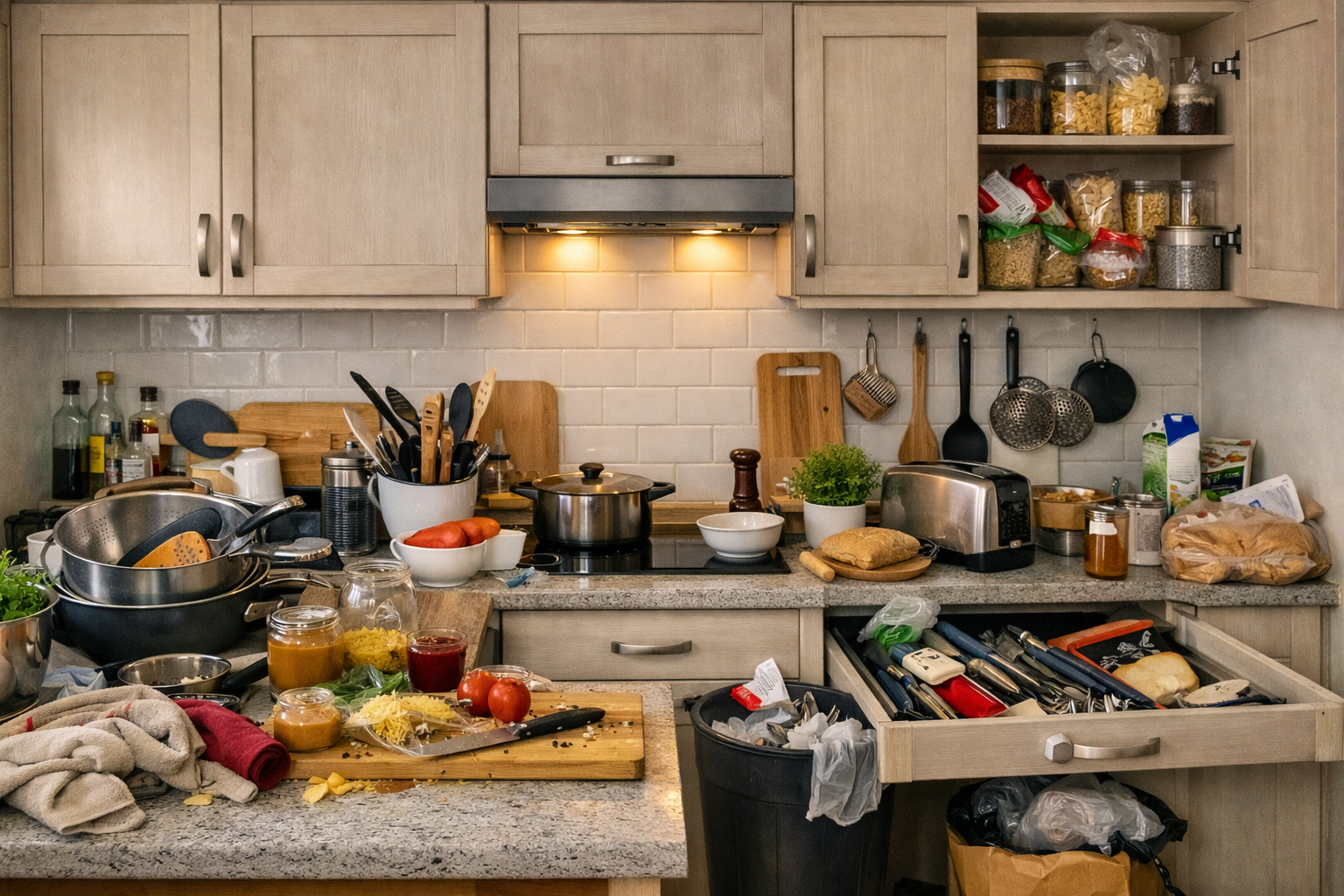 Cozinha desorganizada com utensílios fora do lugar e despensa bagunçada