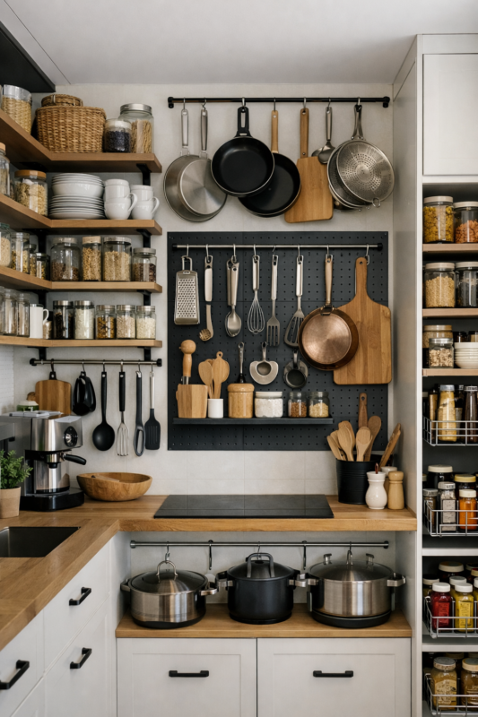 Cozinha funcional com aproveitamento vertical de espaço usando prateleiras, ganchos e armários altos