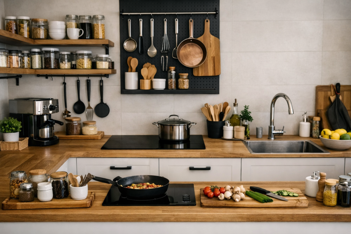 Cozinha funcional com áreas de trabalho definidas para preparo, cocção e limpeza