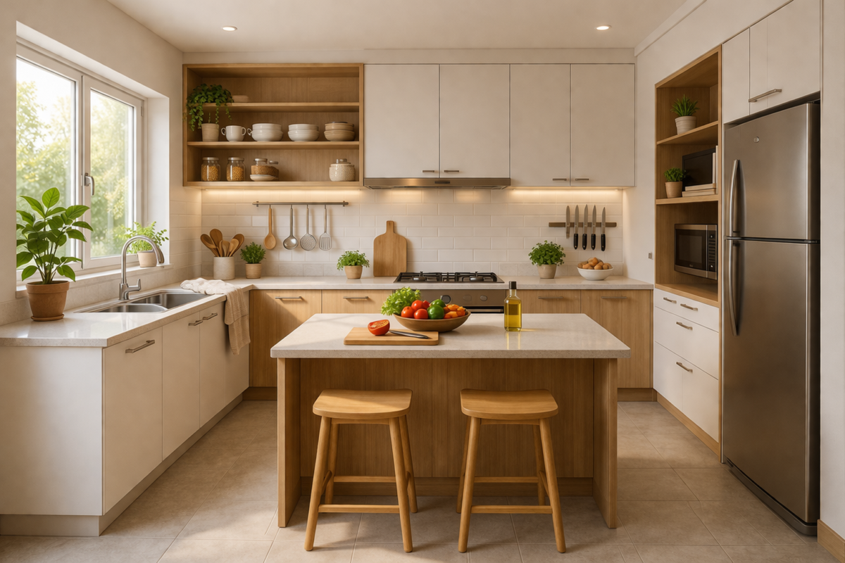 cozinha funcional moderna com bancada organizada e armários planejados