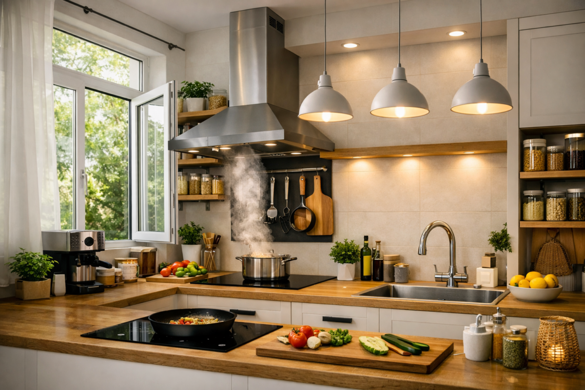 Cozinha funcional iluminada com luz natural e ventilação eficiente para maior conforto