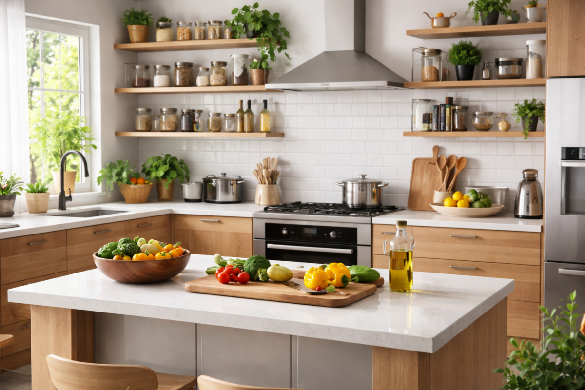 cozinha funcional organizada com bancada prática e armários planejados