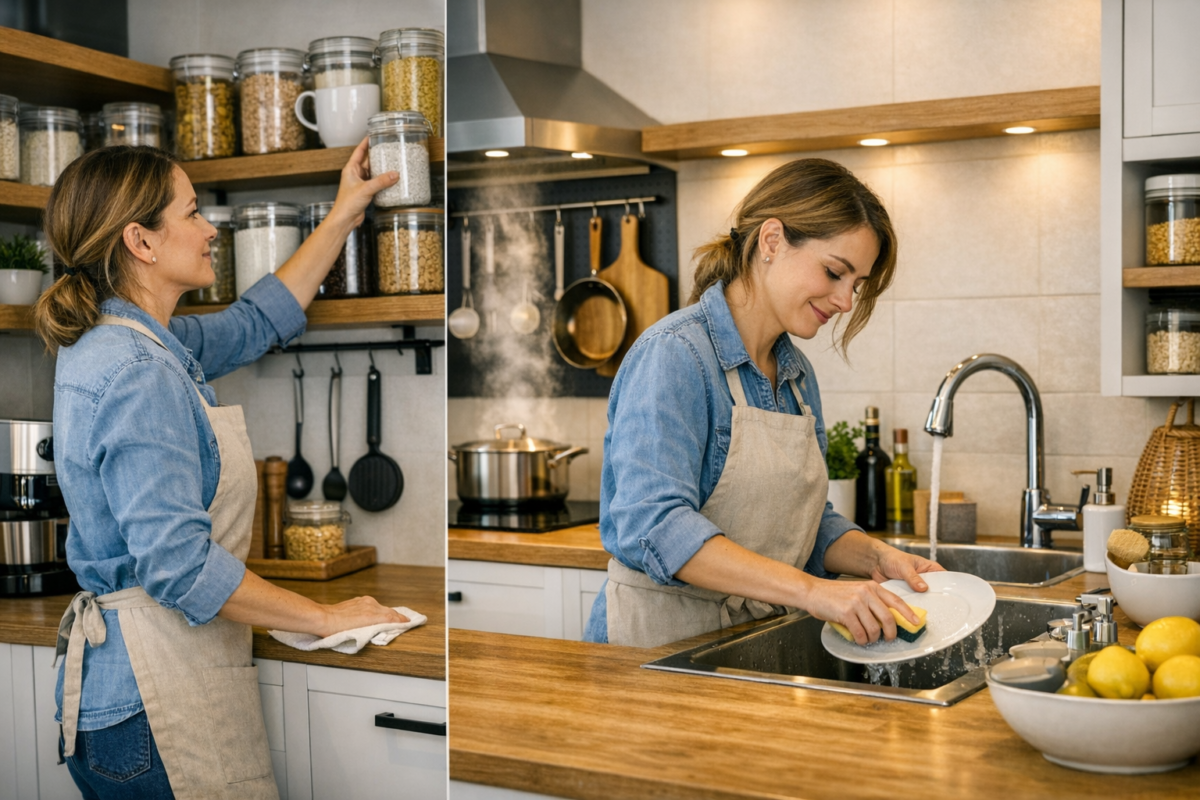 Pessoa mantendo a organização da cozinha com hábitos diários como limpeza e armazenamento