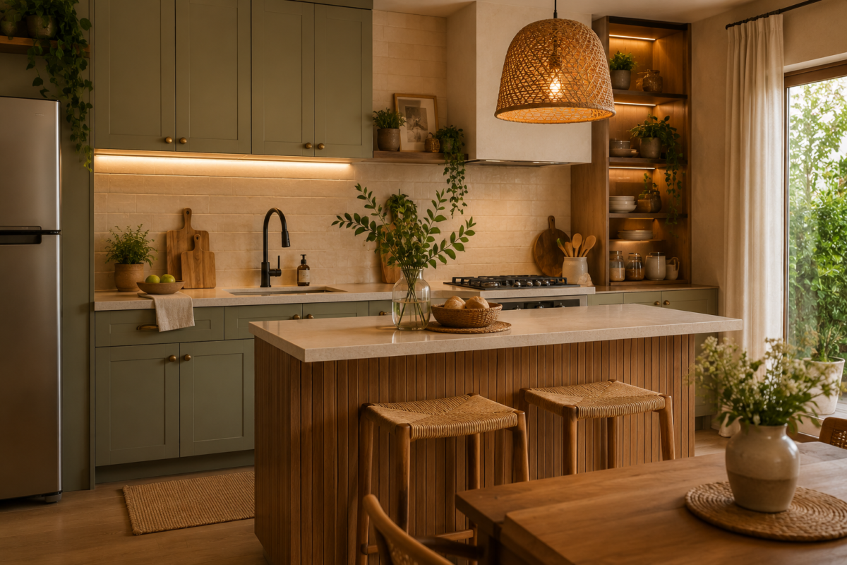 Cozinha humanizada moderna com madeira, iluminação aconchegante e decoração natural