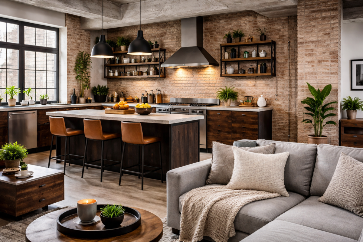 Cozinha industrial integrada com sala moderna, ilha central, parede de tijolos aparentes e iluminação pendente