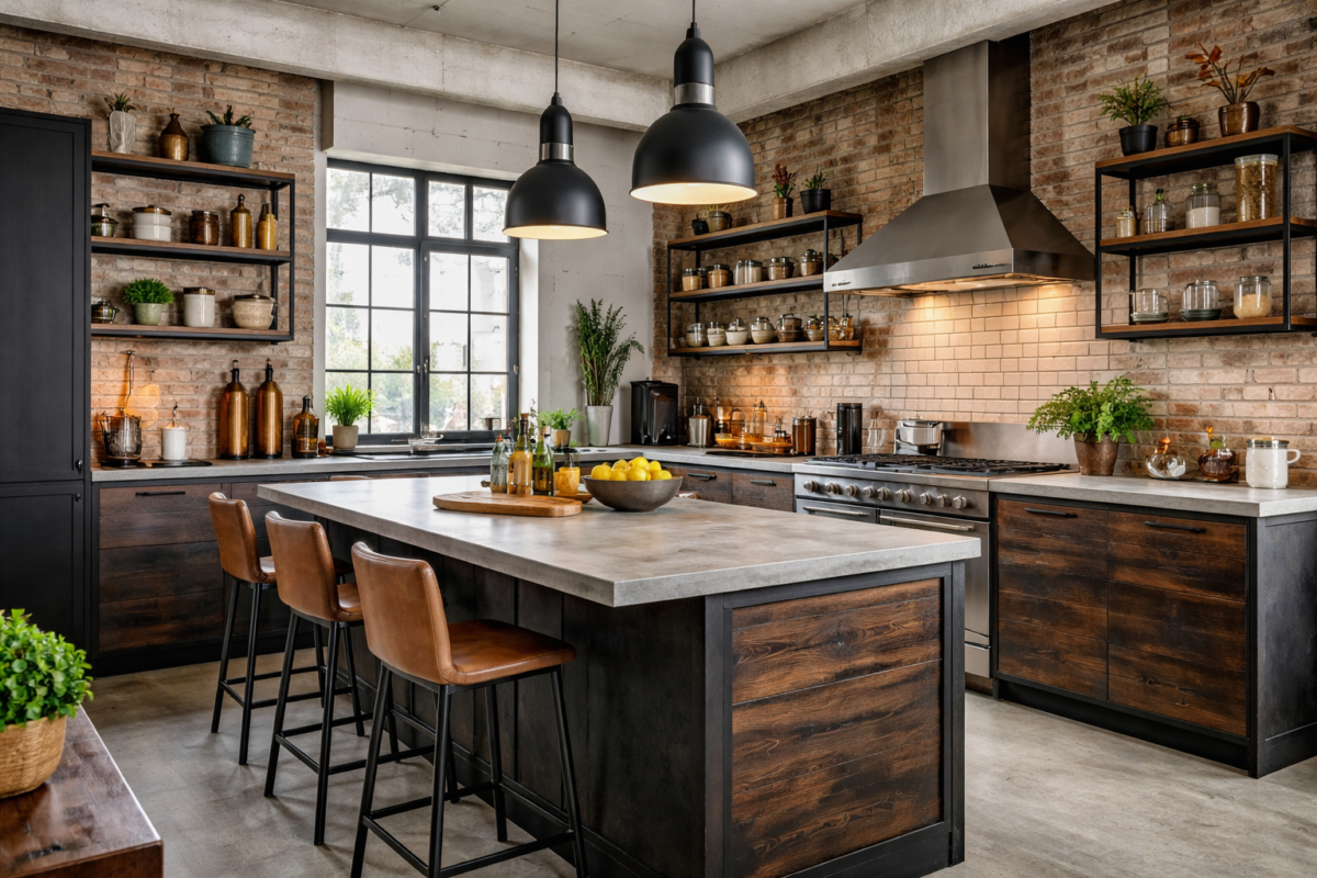 Cozinha industrial moderna com ilha central, prateleiras abertas, luminárias pendentes e parede de tijolos aparentes