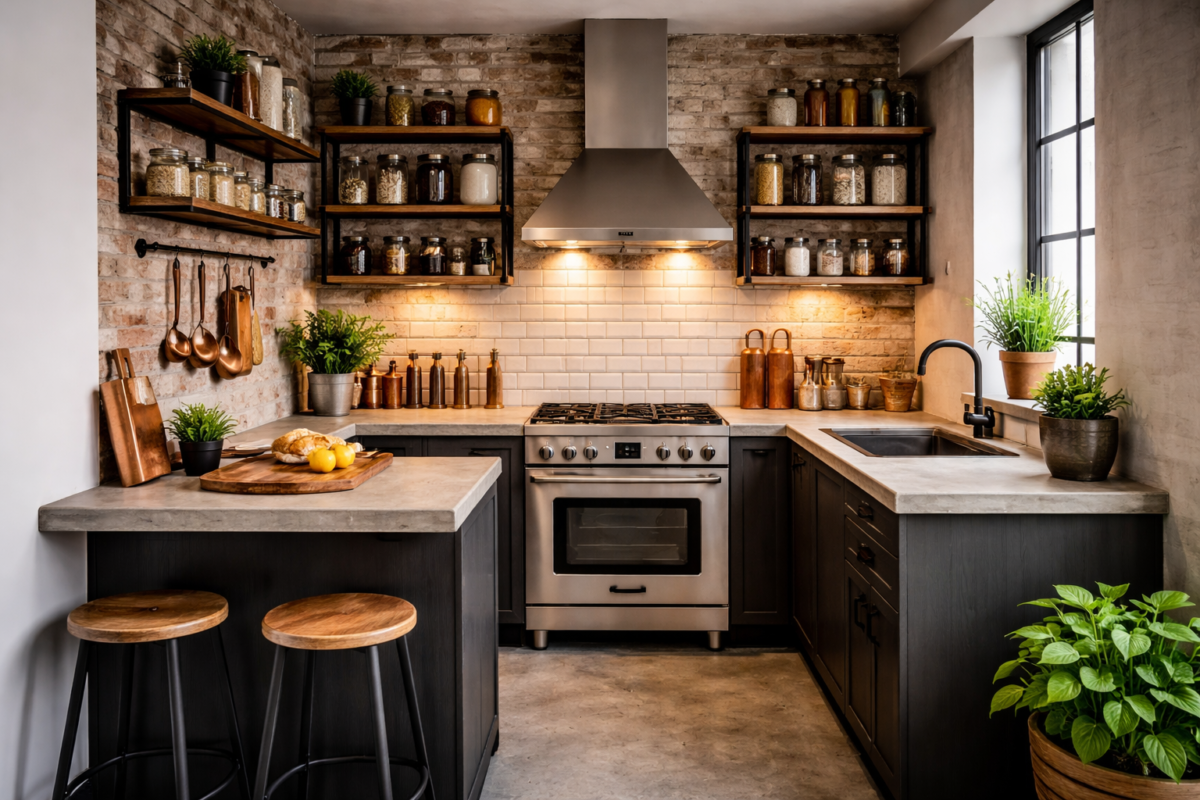Cozinha industrial pequena com layout em L, prateleiras abertas, bancada de concreto e parede de tijolos aparentes