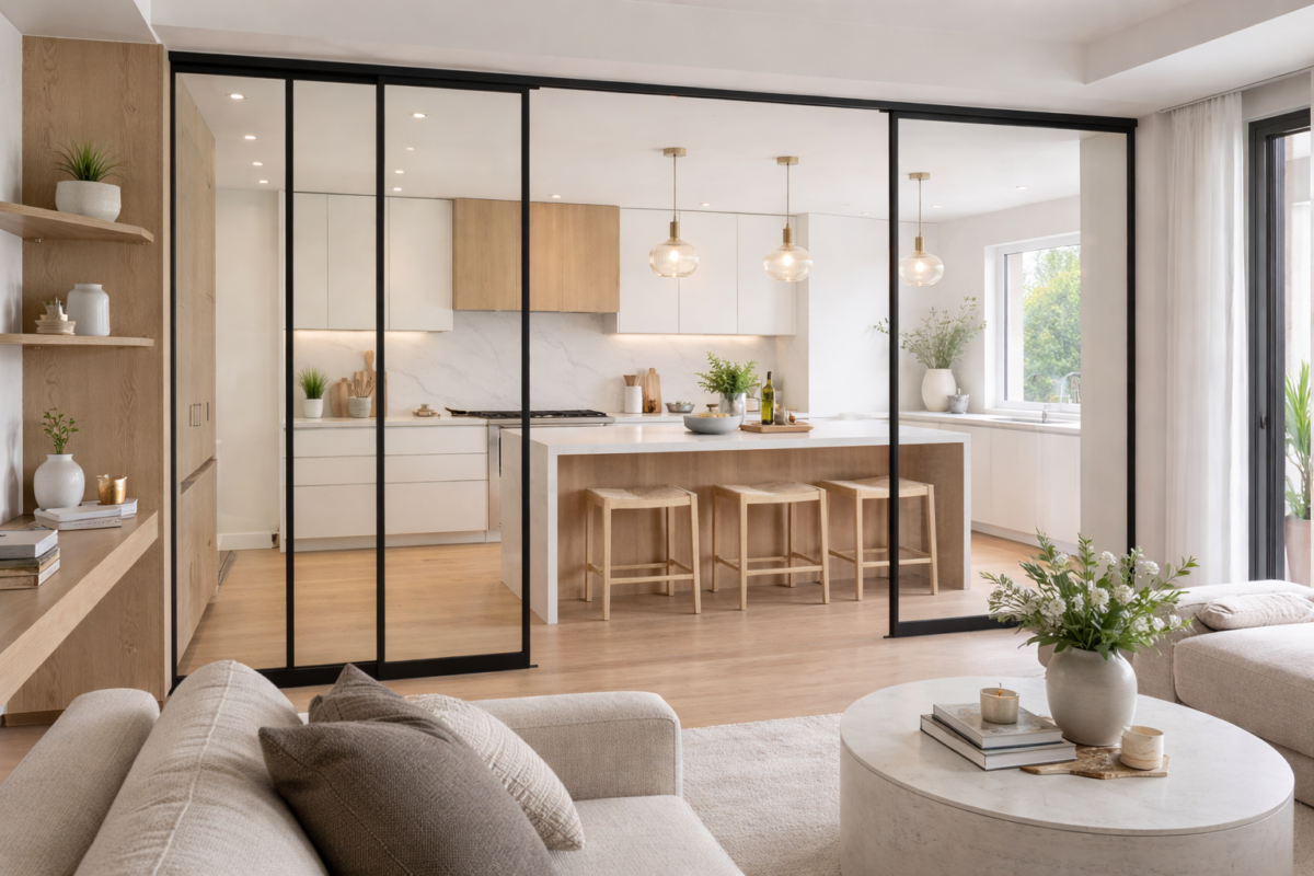 Cozinha integrada com sala separada por portas de vidro deslizantes, com ilha moderna e design funcional