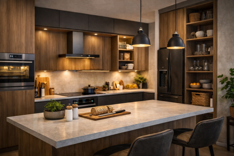 tendências de cozinha 2026 Cozinha moderna e aconchegante com armários claros, bancada elegante e decoração minimalista, iluminada naturalmente e organizada.