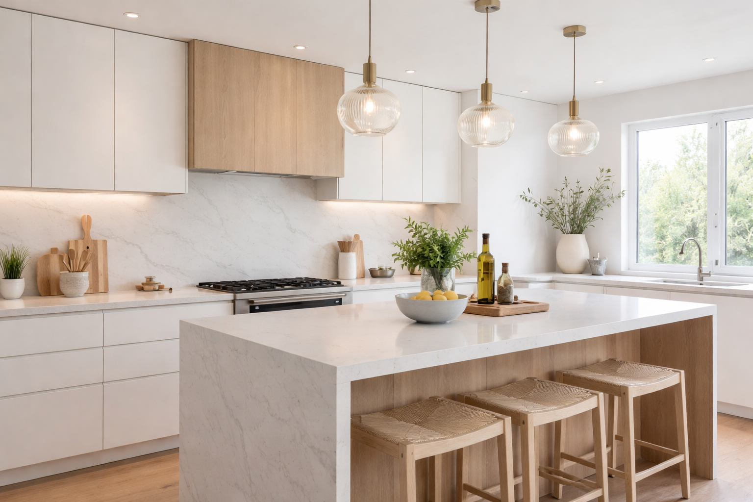 Tendências de cozinha moderna com ilha central, design clean, armários brancos e detalhes em madeira com iluminação natural