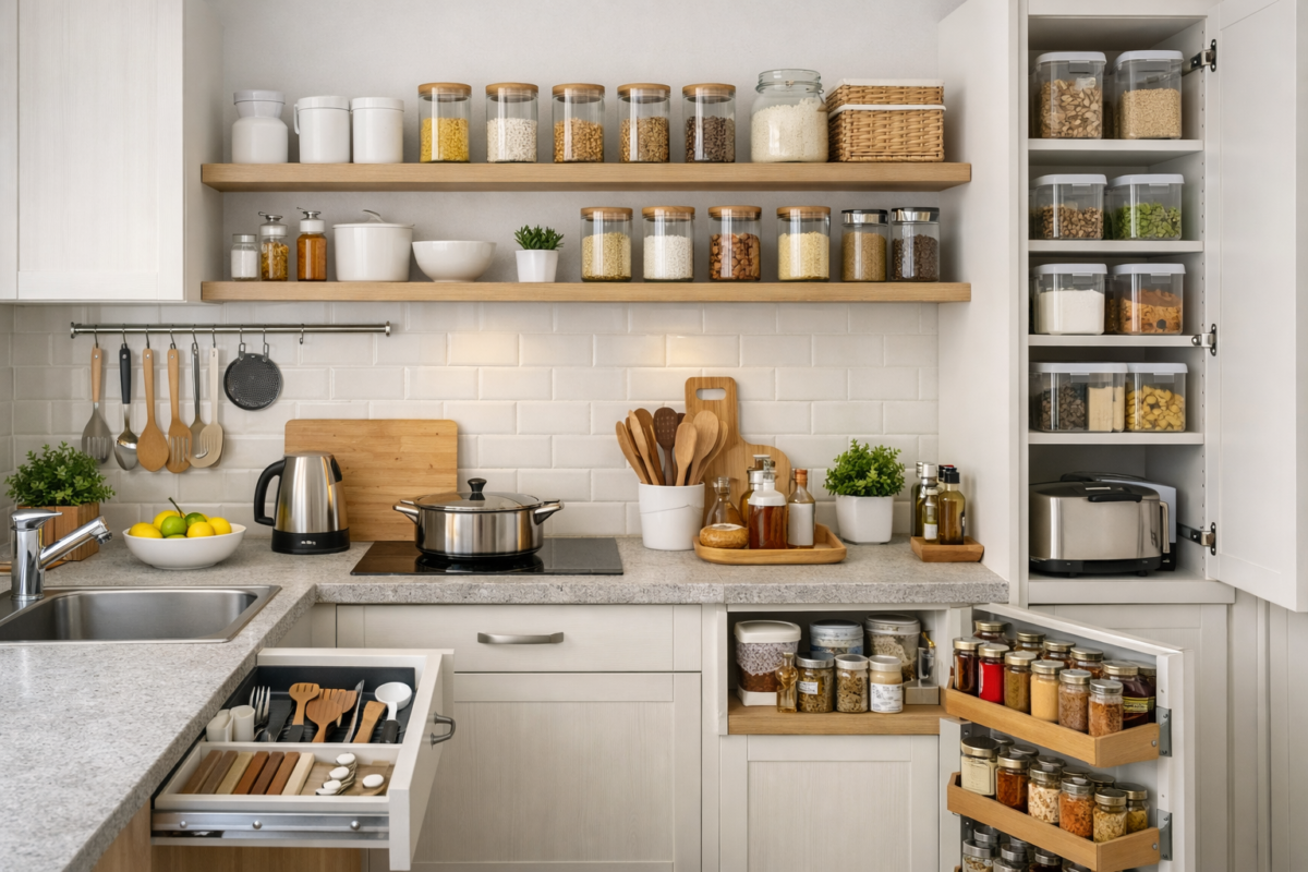 Cozinha moderna organizada com prateleiras abertas, potes transparentes etiquetados e bancada limpa