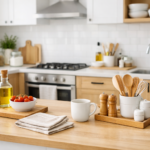 cozinha organizada com bancada limpa e utensílios bem organizados