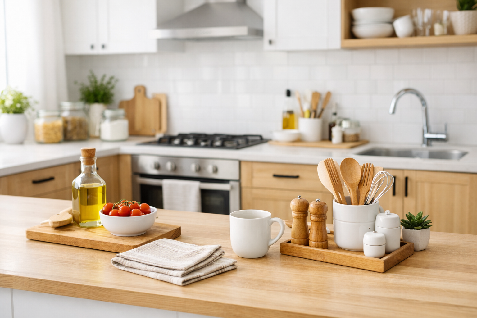 cozinha organizada com bancada limpa e utensílios bem organizados