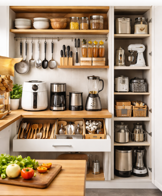 Utensílios e eletrodomésticos organizados em cozinha funcional