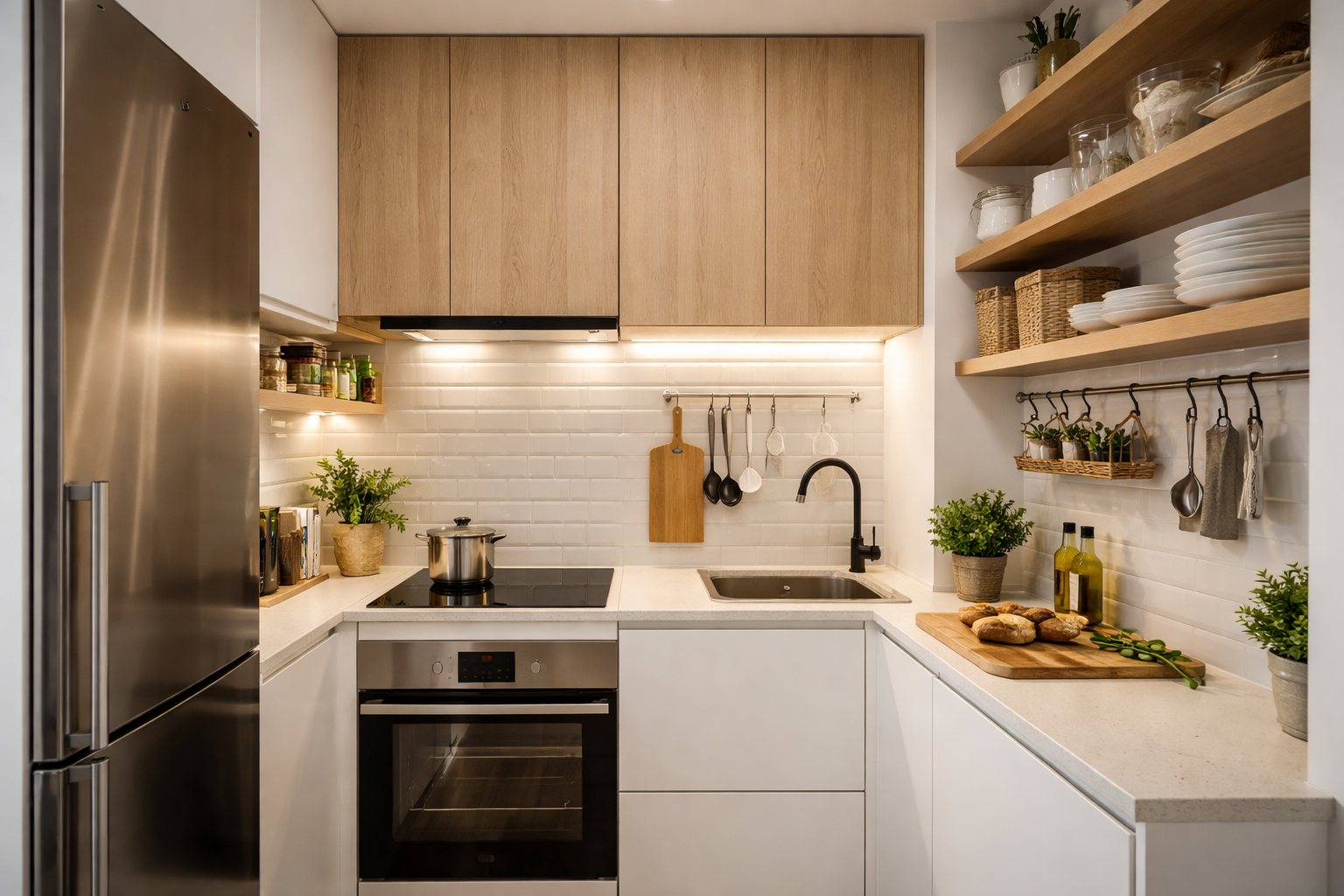 Cozinha pequena pode ser funcional moderna com layout em L, bancada livre e organização inteligente