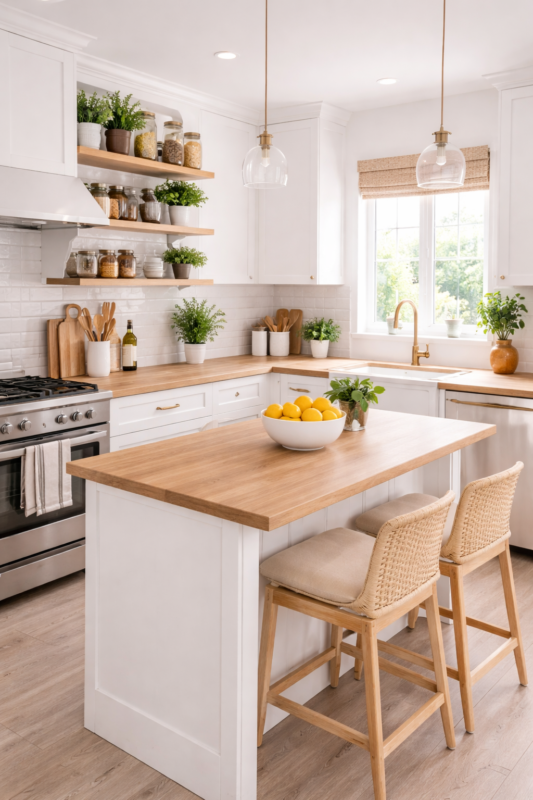cozinha pequena moderna clara e iluminada com armários brancos e bancada de madeira