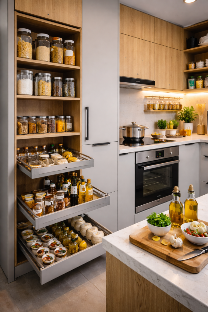 Cozinha planejada com despensa embutida e gavetas organizadas mostrando como a organização facilita o dia a dia