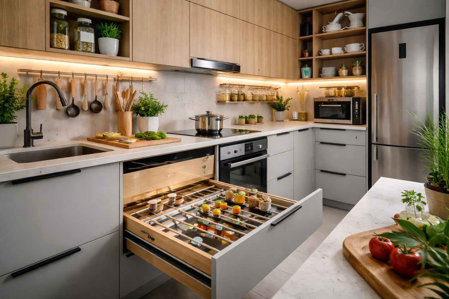 Cozinha planejada moderna e funcional com armários organizados e iluminação estratégica facilitando o dia a dia