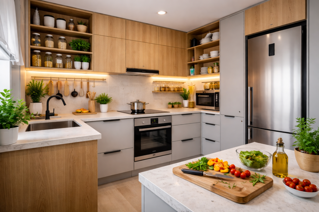 Cozinha planejada moderna com bancada funcional e alimentos sendo preparados, mostrando como facilita o dia a dia