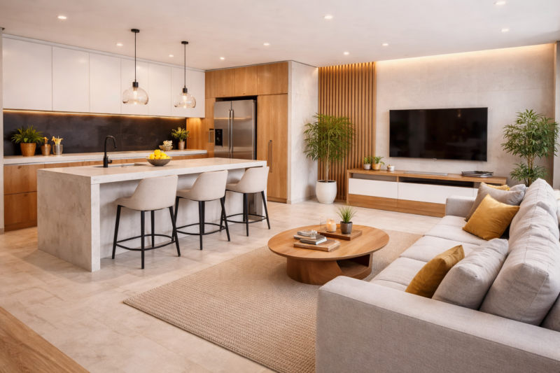 Cozinha e sala integradas com decoração moderna, ilha central, iluminação suave e ambiente aconchegante Cozinha e Sala Integradas com Estilo Moderno